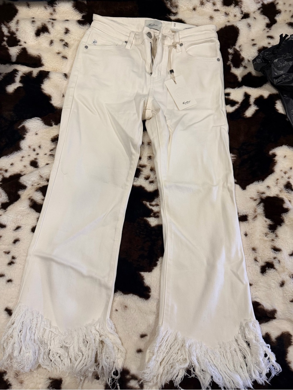 KanCan Ivory Fringe-Hem Flare Jeans